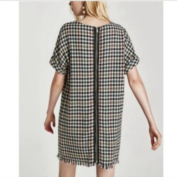Zara Houndstooth Fringe Oversized Shift Dress Wool Velvet Women’s XS Retro Glam - Picture 2 of 13